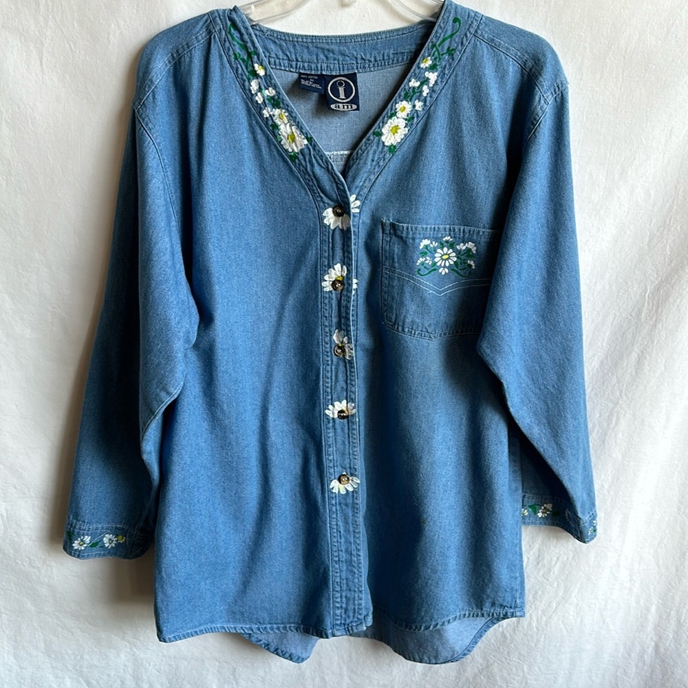 I Am denim button down shirt with painted floral accents, size M